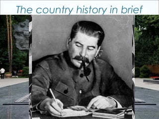 The country history in brief
 Native Kazakhs are a mix of Turkic and Mongol nomadic tribes who migrated
   into the region in the 13th century, were rarely united as a single nation.

 In the end of 18th century Kazakhstan became a province of the Russian Empire
   and in 20th a Soviet Republic, following the October Revolution initiated by
   Vladimir LENIN and his Bolsheviks (Communist Party in future).


 During the 1950s and 1960s agricultural "Virgin Lands" program, Soviet citizens
   were encouraged to help cultivate Kazakhstan's northern pastures. A lot of
   immigrants from other Soviet republics came to Kazakhstan.

 In 1991 Kazakhstan became independent.
 
