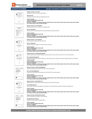 KAZAKHSTAN NORMS
CATALOG OF REGULATIONS AVAILABLE TO ORDER SNiP RK
Railways of Russia, TU 16-705.289-83
Power lines with silicone resin insulation in a fluorosilxane shell.
ЖС ТУ 16-705.289-83
Провода силовые с кремний-органической изоляцией во фторсиликоновой оболочке.
STATUS: Available
Format: Electronic (Adobe Acrobat, pdf)
Order No.: GS3287867
This book is available in the following languages: English, German, French, Italian, Spanish, Arabic, Chinese, other (upon request).
Price: Please contact for price and discount offers.
Railways of Russia, TsV-TsL-945
Guidelines? for repair of railroad car brake equipment.
ЖС ЦВ-ЦЛ-945
Инструкция по ремонту тормозного оборудования вагонов.
STATUS: Available
Format: Electronic (Adobe Acrobat, pdf)
Order No.: GS3287866
This book is available in the following languages: English, German, French, Italian, Spanish, Arabic, Chinese, other (upon request).
Price: Please contact for price and discount offers.
Republic of Kazakhstan Technical regulations
Railways of Russia, TU 16-705.465-87
Wires and cables for railway rolling stock and trolleys.
ЖС ТУ 16-705.465-87
Провода и кабели для подвижного состава рельсового транспорта
STATUS: Available
Format: Electronic (Adobe Acrobat, pdf)
Order No.: GS3287869
This book is available in the following languages: English, German, French, Italian, Spanish, Arabic, Chinese, other (upon request).
Price: Please contact for price and discount offers.
Railways of Russia, TU 2500-295-00152106-93
Technical rubber products for railway rolling stock and requirements for rubber used to manufacture them. Technical specifications.
ЖС ТУ 2500-295-00152106-93
Изделия резиновые технические для подвижного состава железных дорог и требования к резинам, применяемым для их изготовления.
Технические условия.
STATUS: Available
Format: Electronic (Adobe Acrobat, pdf)
Order No.: GS3287870
This book is available in the following languages: English, German, French, Italian, Spanish, Arabic, Chinese, other (upon request).
Price: Please contact for price and discount offers.
Railways of Russia, TU 3414-022-04682628-99
Nonlinear overvoltage protector type opn-25m ukhl1. Technical specifications
ЖС ТУ 3414-022-04682628-99
Ограничитель перенапряжений нелинейный типа ОПН-25М УХЛ1. Технические условия.
STATUS: Available
Format: Electronic (Adobe Acrobat, pdf)
Order No.: GS3287871
This book is available in the following languages: English, German, French, Italian, Spanish, Arabic, Chinese, other (upon request).
Price: Please contact for price and discount offers.
Railways of Russia, TU VNIPP 048-1-00
Rolling bearings for a railway rolling stock. Ball bearings, plain and spherical roller bearings.
ЖС ТУ ВНИПП 048-1-00
Подшипники качения для железнодорожного подвижного состава. Подшипники шариковые, роликовые цилиндрические.
STATUS: Available
Format: Electronic (Adobe Acrobat, pdf)
Order No.: GS3287873
This book is available in the following languages: English, German, French, Italian, Spanish, Arabic, Chinese, other (upon request).
Price: Please contact for price and discount offers.
Railways of Russia, UDC 629.4.016.12-656.22
Rules for making traction calculations in train operations.
ЖС УДК 629.4.016.12-656.22
PLEASE ORDER YOUR PUBLICATION AT WWW.RUSSIANGOST.COM
Правила тяговых расчётов для поездной работы.
STATUS: Available
Format: Electronic (Adobe Acrobat, pdf)
This book is available in the following languages: English, German, French, Italian, Spanish, Arabic, Chinese, other (upon request).
Price: Please contact for price and discount offers.
Order No.: GS3287874
 