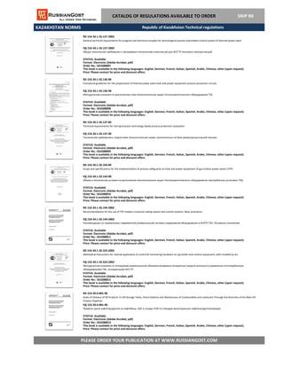 KAZAKHSTAN NORMS
CATALOG OF REGULATIONS AVAILABLE TO ORDER SNiP RK
RD 153-34.1-35.136-98
Procedural guidelines for the preparartion of thermal power plant heat and power equipment process protection circuits
РД 153-34.1-35.136-98
Методические указания по выполнению схем технологических защит теплоэнергетического оборудования ТЭС
STATUS: Available
Format: Electronic (Adobe Acrobat, pdf)
Order No.: GS3288008
This book is available in the following languages: English, German, French, Italian, Spanish, Arabic, Chinese, other (upon request).
Price: Please contact for price and discount offers.
RD 153-34.1-35.127-2002
General technical requirements for program and technical complex for technological process automated control system of thermal power plant
РД 153-34.1-35.127-2002
Общие технические требования к программно-техническим комплексам для АСУ ТП тепловых электростанций
STATUS: Available
Format: Electronic (Adobe Acrobat, pdf)
Order No.: GS3288007
This book is available in the following languages: English, German, French, Italian, Spanish, Arabic, Chinese, other (upon request).
Price: Please contact for price and discount offers.
Republic of Kazakhstan Technical regulations
RD 153-34.1-35.137-00
Technical requirements for microprocessor technology based process protection subsystem
РД 153-34.1-35.137-00
Технические требования к подсистеме технологических защит, выполненных на базе микропроцессорной техники
STATUS: Available
Format: Electronic (Adobe Acrobat, pdf)
Order No.: GS3288009
This book is available in the following languages: English, German, French, Italian, Spanish, Arabic, Chinese, other (upon request).
Price: Please contact for price and discount offers.
RD 153-34.1-35.143-00
Scope and specifications for the implementation of process safeguards on heat and power equipment of gas turbine power plants (TPP)
РД 153-34.1-35.143-00
Объем и технические условия на выполнение технологических защит теплоэнергетического оборудования газотурбинных установок ТЭЦ
STATUS: Available
Format: Electronic (Adobe Acrobat, pdf)
Order No.: GS3288010
This book is available in the following languages: English, German, French, Italian, Spanish, Arabic, Chinese, other (upon request).
Price: Please contact for price and discount offers.
RD 153-34.1-35.144-2002
Recommendations for the use of TPP modern universal coding system and control systems. Basic provisions.
РД 153-34.1-35.144-2002
Рекомендации по применению современной универсальной системы кодирования оборудования и АСУТП ТЭС. Основные положения
STATUS: Available
Format: Electronic (Adobe Acrobat, pdf)
Order No.: GS3288011
This book is available in the following languages: English, German, French, Italian, Spanish, Arabic, Chinese, other (upon request).
Price: Please contact for price and discount offers.
RD 153-34.1-35.523-2002
Methodical instructions for rational application of control & monitoring hardware on tpp boiler-and-turbine equipment, with installed tp acs
РД 153-34.1-35.523-2002
Методические указания по оснащению рациональным объемом резервных аппаратных средств контроля и управления котлотурбинным
оборудованием ТЭС, оснащенными АСУ ТП
STATUS: Available
Format: Electronic (Adobe Acrobat, pdf)
Order No.: GS3288012
This book is available in the following languages: English, German, French, Italian, Spanish, Arabic, Chinese, other (upon request).
Price: Please contact for price and discount offers.
RD 153-39.4-001-96
Rules of Delivery of Oil Products To Oil Storage Tanks, Petrol Stations and Warehouses of Combustibles and Lubricants Through the Branches of the Main Oil
Product Pipelines
РД 153-39.4-001-96
PLEASE ORDER YOUR PUBLICATION AT WWW.RUSSIANGOST.COM
Правила сдачи нефтепродуктов на нефтебазы, АЗС и склады ГСМ по отводам магистральных нефтепродуктопроводов
STATUS: Available
Format: Electronic (Adobe Acrobat, pdf)
This book is available in the following languages: English, German, French, Italian, Spanish, Arabic, Chinese, other (upon request).
Price: Please contact for price and discount offers.
Order No.: GS3288013
 