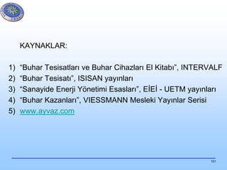 101
KAYNAKLAR:
1) “Buhar Tesisatları ve Buhar Cihazları El Kitabı”, INTERVALF
2) “Buhar Tesisatı”, ISISAN yayınları
3) “Sanayide Enerji Yönetimi Esasları”, EİEİ - UETM yayınları
4) “Buhar Kazanları”, VIESSMANN Mesleki Yayınlar Serisi
5) www.ayvaz.com
 