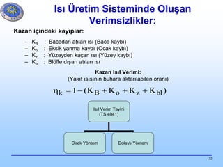 32
Isı Üretim Sisteminde Oluşan
Verimsizlikler:
Kazan içindeki kayıplar:
– KB : Bacadan atılan ısı (Baca kaybı)
– Ko : Eksik yanma kaybı (Ocak kaybı)
– Kz : Yüzeyden kaçan ısı (Yüzey kaybı)
– Kbl : Blöfle dışarı atılan ısı
Kazan Isıl Verimi:
(Yakıt ısısının buhara aktarılabilen oranı)
)KKKK(1 blzoBk 
Isıl Verim Tayini
(TS 4041)
Direk Yöntem Dolaylı Yöntem
 