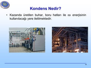 48
Kondens Nedir?
• Kazanda üretilen buhar, boru hatları ile ısı enerjisinin
kullanılacağı yere iletilmektedir.
 
