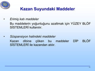 71
Kazan Suyundaki Maddeler
• Erimiş katı maddeler
Bu maddelerin yoğunluğunu azaltmak için YÜZEY BLÖF
SİSTEMLERİ kullanılır.
• Süspansiyon halindeki maddeler
Kazan dibine çöken bu maddeler DİP BLÖF
SİSTEMLERİ ile kazandan atılır.
 