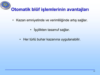 81
Otomatik blöf işlemlerinin avantajları
• Kazan emniyetinde ve verimliliğinde artış sağlar.
• İşçilikten tasarruf sağlar.
• Her türlü buhar kazanına uygulanabilir.
 