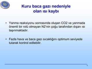 9
Kuru baca gazı nedeniyle
olan ısı kaybı
• Yanma reaksiyonu sonrasında oluşan CO2 ve yanmada
önemli bir rolü olmayan N2’nin çoğu tarafından dışarı ısı
taşınmaktadır.
• Fazla hava ve baca gazı sıcaklığını optimum seviyede
tutarak kontrol edilebilir.
 