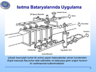 97
Isıtma Bataryalarında Uygulama
yüksek basınçtaki buhar ile ısıtma yapan bataryalardan alınan kondensten
düşük basınçta flaş buhar elde edilmekte ve bataryaya giren soğuk havanın
ön ısıtılmasında kullanılmaktadır.
 