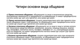 Четири основни вида общуване
а) Пряко спонтанно общуване: общуващите са лице в лицхнически средства,
осигуряващи приемането и предаването на информация, и нямат предварителна
нагласа какво ще чуят или прочетат, или какво ще кажат.
б) Пряко неспонтанно общуване: същите характеристики като при прякото спон-
танно общуване само с тази разлика, че общуващите имат предварителна нагла-
са какво ще слушат (ще прочетат) или какво ще кажат.
в) Косвено спонтанно общуване: общуващите не са лице в лице и затова използ-
ват технически средства (молив, химикалка, писалка, пишеща машина, компю-
тър, микрофон, магнитна лента, телефон, мобифон и т. н.), осигуряващи размя-
ната на сведения, но нямат предварителна нагласа какво ще слушат (ще проче-
тат) или какво ще кажат.
г) Косвено неспонтанно общуване: същите характеристики като при косвеното
спонтанно общуване само с тази разлика, че общуващите имат предварителна
нагласа какво ще слушат (ще прочетат) или какво ще кажат.
 