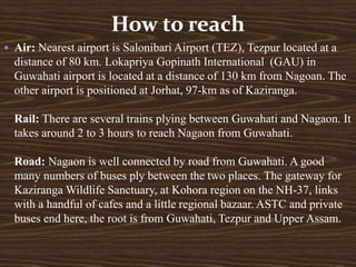 How to reach
 Air: Nearest airport is Salonibari Airport (TEZ), Tezpur located at a
distance of 80 km. Lokapriya Gopinath International (GAU) in
Guwahati airport is located at a distance of 130 km from Nagoan. The
other airport is positioned at Jorhat, 97-km as of Kaziranga.
Rail: There are several trains plying between Guwahati and Nagaon. It
takes around 2 to 3 hours to reach Nagaon from Guwahati.
Road: Nagaon is well connected by road from Guwahati. A good
many numbers of buses ply between the two places. The gateway for
Kaziranga Wildlife Sanctuary, at Kohora region on the NH-37, links
with a handful of cafes and a little regional bazaar. ASTC and private
buses end here, the root is from Guwahati, Tezpur and Upper Assam.
 