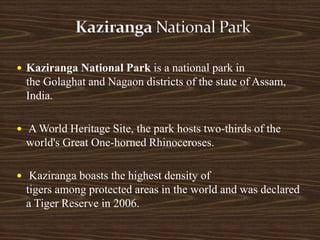  Kaziranga National Park is a national park in
the Golaghat and Nagaon districts of the state of Assam,
India.
 A World Heritage Site, the park hosts two-thirds of the
world's Great One-horned Rhinoceroses.
 Kaziranga boasts the highest density of
tigers among protected areas in the world and was declared
a Tiger Reserve in 2006.
 