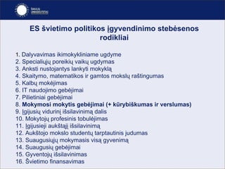 ES švietimo politikos įgyvendinimo stebėsenos rodikliai 1.  Dalyvavimas ikimokykliniame ugdyme 2. Specialiųjų poreikių vaikų ugdymas 3. Anksti nustojantys lankyti mokyklą 4. Skaitymo, matematikos ir gamtos mokslų raštingumas 5. Kalbų mokėjimas 6. IT naudojimo gebėjimai 7. Pilietiniai gebėjimai 8.  Mokymosi mokytis gebėjimai (+ kūrybiškumas ir verslumas) 9. Įgijusių vidurinį išsilavinimą dalis 10. Mokytojų profesinis tobulėjimas 11. Įgijusieji aukštąjį išsilavinimą 12. Aukštojo mokslo studentų tarptautinis judumas 13. Suaugusiųjų mokymasis visą gyvenimą 14. Suaugusių gebėjimai 15. Gyventojų išsilavinimas 16. Švietimo finansavimas 