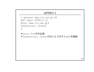 14
HTTP/1.1
% gtelnet www.iij.ad.jp 80
GET /dev/ HTTP/1.1↓
Host: www.iij.ad.jp↓
Connection: close↓
↓
Host: ヘッダが必須
Connection: close がないとコネクションを継続
 