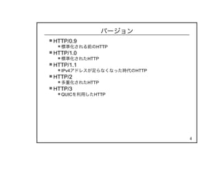 4
バージョン
HTTP/0.9
標準化される前のHTTP
HTTP/1.0
標準化されたHTTP
HTTP/1.1
IPv4アドレスが足らなくなった時代のHTTP
HTTP/2
多重化されたHTTP
HTTP/3
QUICを利用したHTTP
 