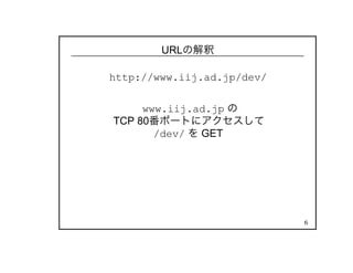 6
URLの解釈
http://www.iij.ad.jp/dev/
www.iij.ad.jp の
TCP 80番ポートにアクセスして
/dev/ を GET
 