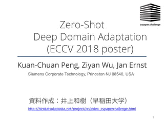 Zero-Shot
Deep Domain Adaptation
(ECCV 2018 poster)
Kuan-Chuan Peng, Ziyan Wu, Jan Ernst
1/ / . 1/ . 1 .
資料作成：井上和樹（早稲田大学）
Siemens Corporate Technology, Princeton NJ 08540, USA
 