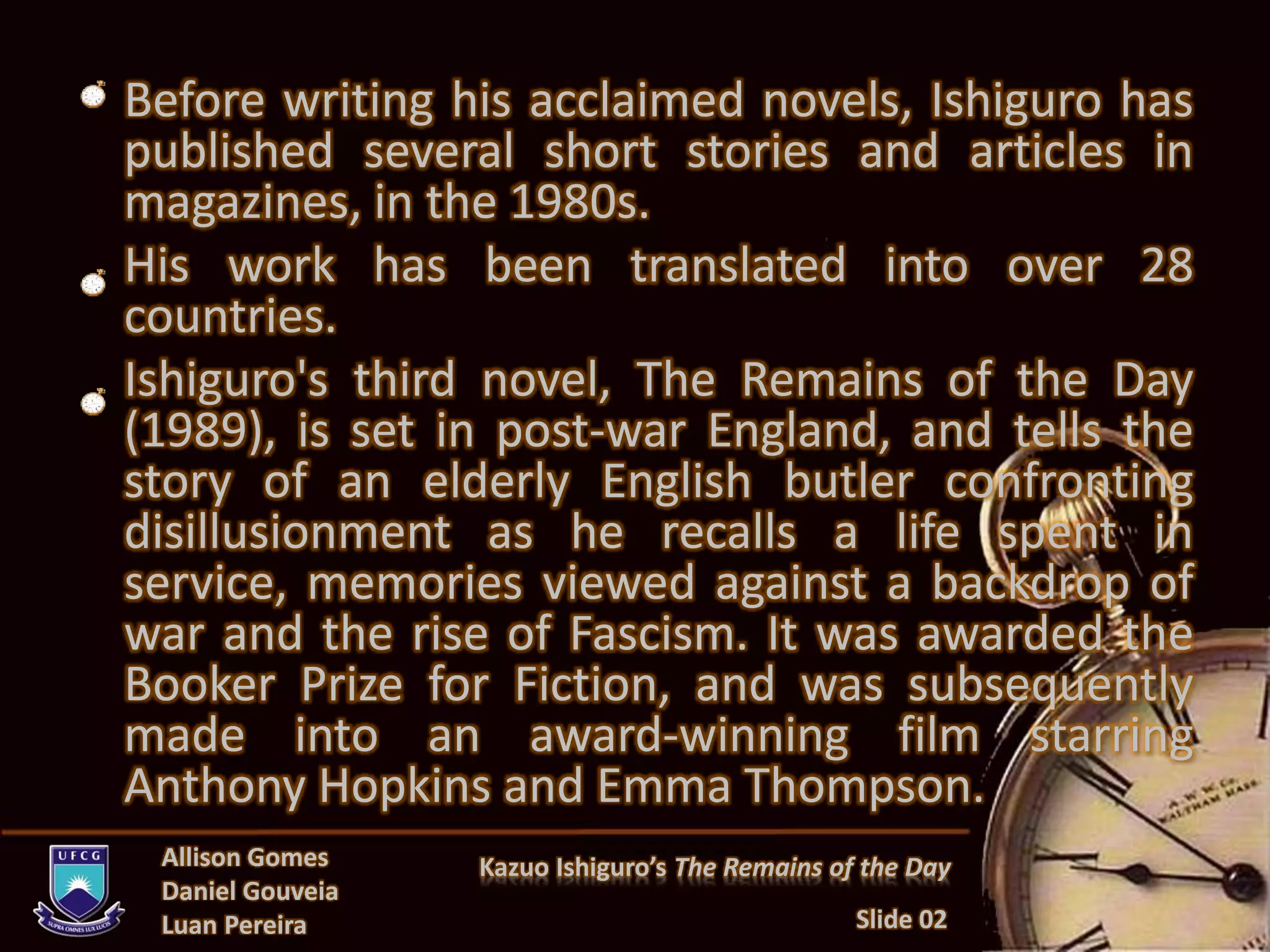 Kazuo Ishiguro's "The remains of the day" | PPT
