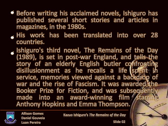 Cover slide of Kazuo Ishiguro's The Remains of the Day presentation
