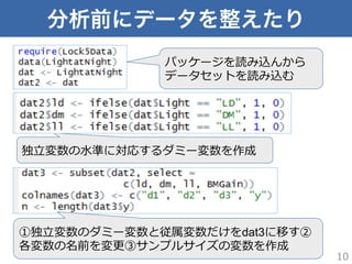 分析前にデータを整えたり
10
パッケージを読み込んから
データセットを読み込む
独⽴立立変数の⽔水準に対応するダミー変数を作成
①独⽴立立変数のダミー変数と従属変数だけをdat3に移す②
各変数の名前を変更更③サンプルサイズの変数を作成
 
