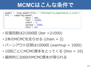 MCMCはこんな条件で
•  反復復回数は21000回  (iter  =21000)
•  2本のMCMCを⾛走らせる  (chain  =  2)
•  バーンアウト区間は1000回  (warmup  =  1000)
•  10回ごとにMCMC標本をとってくる  (thin  =  10)
•  最終的に2000のMCMC標本が得られる
25
 