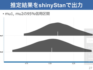 推定結果をshinyStanで出力
•  mu1,  mu2の95%信⽤用区間
27
 