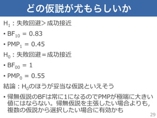どの仮説が尤もらしいか
H1：失敗回避＞成功接近
•  BF10  =  0.83  
•  PMP1  =  0.45
H0：失敗回避＝成功接近
•  BF00  =  1  
•  PMP0  =  0.55
結論論：H0のほうが妥当な仮説といえそう
•  帰無仮説のBFは常に1になるのでPMPが極端に⼤大きい
値にはならない。帰無仮説を主張したい場合よりも，
複数の仮説から選択したい場合に有効かも
29
 