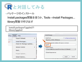 •パッケージのインストール
Install.packages関数を使うか，Tools→Install Packages...
library関数で呼び出す
と対話してみる
install.packages("ggplot2")
library(ggplot2)
 