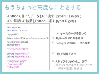 もうちょっと高度なことをする	
 
import	
  pyper	
  
import	
  numpy	
  as	
  np	
  
	
  
r=pyper.R()	
  
	
  
data1	
  =	
  np.array([[1,2,3,4,5],[0.5,1.5,2.5,3.5,4.5]])	
  
	
  
r.assign("dat",data1)	
  
print	
  r("dat")	
  
	
  
r("setwd('C:/temp')")	
  
	
  
print	
  r("mean(dat[1,])")	
  
print	
  r("mean(dat[2,])")	
  
	
  
r("png('plot1.png')")	
  
r("plot(dat[1,])")	
  
r("dev.oﬀ()")	
 
　 numpyパッケージを使って
⇦ Python側で行列を作成	
⇦ r.assign( )でRにデータを渡す	
⇦ R側で関数を適用	
• Pythonで作ったデータをRに渡す　pyper.R.assign( )
• Rで解析した結果をPythonに返す pyper.R.get( )	
⇦ R側でグラフを作成し，保存
　　※グラフウィンドウが出ないため　　
　　　 保存が必要。要検討	
 