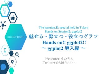The kazutan.R: special held in Tokyo
Hands on Session2: ggplot2
魅せる・際立つ・役立つグラフ
Hands on!! ggplot2!!
〜 ggplot2 導入編 〜
Presenter:うなどん
Twitter: @MrUnadon
2017年7月30日
 