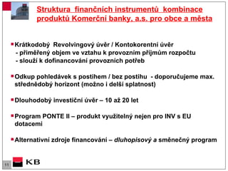 Struktura  finančních instrumentů  kombinace produktů Komerční banky, a.s. pro obce a města Krátkodobý  Revolvingový úvěr / Kontokorentní úvěr  - přiměřený objem ve vztahu k provozním příjmům rozpočtu - slouží k dofinancování provozních potřeb  Odkup pohledávek s postihem / bez postihu  - doporučujeme max. střednědobý horizont (možno i delší splatnost) Dlouhodobý investiční úvěr – 10 až 20 let  Program PONTE II – produkt využitelný nejen pro INV s EU dotacemi  Alternativní zdroje financování –  dluhopisový a  směnečný program  