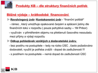 Produkty KB – dle struktury finančních potřeb  Běžné výdaje – krátkodobé  financování  Revolvingový úvěr  / Kontokorentní úvěr  - “finanční polštář“ - rámec , který umožňuje opakované čerpání a splácení jistiny dle  finančních toků v rozpočtu ( pouze pohyblivá sazby – 1M Pribor) - využíván  v přiměřeném objemu na překlenutí časového nesouladu mezi příjmy a výdaji rozpočtu  Odkup pohledávek vzniklých z dodavatelské úvěru  - bez postihu na postupitele – tedy na riziko ÚSC , často požadováno dodavateli, využití je potřeba zvážit - dopad do zadluženosti !!! - s postihem na postupitele – nemá dopad do zadluženosti ÚSC 