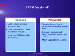 Kawi Boedisetio
telebiro.bandung0@clubmember.org
Pendukung Penghambat
LPSM “nasional”
• Terbiasa dengan skema
proteksi terhadap pelaku usaha
kecil.
• Sebagian masih sangat
bergantung pada skema pihak
“donor”.
• Masih (juga) bersifat sektoral
• Lebih terbuka terhadap
ancangan baru
• Lebih memiliki waktu untuk
memikirkan “inovasi”.
• Lebih memiliki ketrampilan
administratif.
 