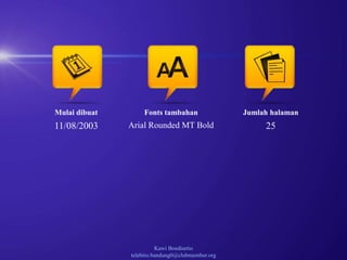 Kawi Boedisetio
telebiro.bandung0@clubmember.org
Mulai dibuat
11/08/2003
Fonts tambahan
Arial Rounded MT Bold
Jumlah halaman
25
 
