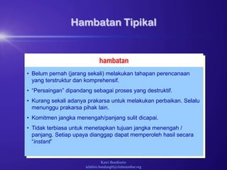 Kawi Boedisetio
telebiro.bandung0@clubmember.org
hambatan
Hambatan Tipikal
• Belum pernah (jarang sekali) melakukan tahapan perencanaan
yang terstruktur dan komprehensif.
• “Persaingan” dipandang sebagai proses yang destruktif.
• Kurang sekali adanya prakarsa untuk melakukan perbaikan. Selalu
menunggu prakarsa pihak lain.
• Komitmen jangka menengah/panjang sulit dicapai.
• Tidak terbiasa untuk menetapkan tujuan jangka menengah /
panjang. Setiap upaya dianggap dapat memperoleh hasil secara
“instant”
 