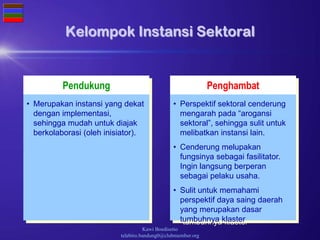 Kawi Boedisetio
telebiro.bandung0@clubmember.org
PenghambatPendukung
Kelompok Instansi Sektoral
• Merupakan instansi yang dekat
dengan implementasi,
sehingga mudah untuk diajak
berkolaborasi (oleh inisiator).
• Perspektif sektoral cenderung
mengarah pada “arogansi
sektoral”, sehingga sulit untuk
melibatkan instansi lain.
• Cenderung melupakan
fungsinya sebagai fasilitator.
Ingin langsung berperan
sebagai pelaku usaha.
• Sulit untuk memahami
perspektif daya saing daerah
yang merupakan dasar
tumbuhnya klaster
 