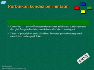 Kawi Boedisetio
telebiro.bandung0@clubmember.org
Perbaikan kondisi permintaan
• Komoditas . . . perlu dikampanyekan sebagai salah satu sumber pangan
dan gizi. Dengan demikian permintaan lokal dapat meningkat.
• Industri pengolahan perlu didirikan. Investor perlu diundang untuk
mendirikan usahanya di lokasi.
 