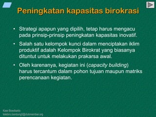 Kawi Boedisetio
telebiro.bandung0@clubmember.org
Peningkatan kapasitas birokrasi
• Strategi apapun yang dipilih, tetap harus mengacu
pada prinsip-prinsip peningkatan kapasitas inovatif.
• Salah satu kelompok kunci dalam menciptakan iklim
produktif adalah Kelompok Birokrat yang biasanya
dituntut untuk melakukan prakarsa awal.
• Oleh karenanya, kegiatan ini (capacity building)
harus tercantum dalam pohon tujuan maupun matriks
perencanaan kegiatan.
 