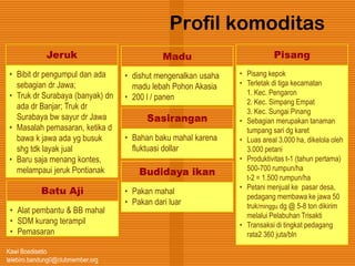 Kawi Boedisetio
telebiro.bandung0@clubmember.org
Profil komoditas
Jeruk
• Bibit dr pengumpul dan ada
sebagian dr Jawa;
• Truk dr Surabaya (banyak) dn
ada dr Banjar; Truk dr
Surabaya bw sayur dr Jawa
• Masalah pemasaran, ketika d
bawa k jawa ada yg busuk
shg tdk layak jual
• Baru saja menang kontes,
melampaui jeruk Pontianak
Pisang
• Pisang kepok
• Terletak di tiga kecamatan
1. Kec. Pengaron
2. Kec. Simpang Empat
3. Kec. Sungai Pinang
• Sebagian merupakan tanaman
tumpang sari dg karet
• Luas areal 3.000 ha, dikelola oleh
3.000 petani
• Produktivitas t-1 (tahun pertama)
500-700 rumpun/ha
t-2 = 1.500 rumpun/ha
• Petani menjual ke pasar desa,
pedagang membawa ke jawa 50
truk/minggu dg @ 5-8 ton dikirim
melalui Pelabuhan Trisakti
• Transaksi di tingkat pedagang
rata2 360 juta/bln
Sasirangan
• Bahan baku mahal karena
fluktuasi dollar
Madu
• dishut mengenalkan usaha
madu lebah Pohon Akasia
• 200 l / panen
Batu Aji
• Alat pembantu & BB mahal
• SDM kurang terampil
• Pemasaran
Budidaya ikan
• Pakan mahal
• Pakan dari luar
 