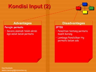 Kawi Boedisetio
telebiro.bandung0@clubmember.org
Kondisi Input (2)
Advantages
Perajin permata
• Secara alamiah telah akrab
dgn seluk beluk permata
Disadvantages
IPTEK
• Penelitian tentang permata
masih kurang
• Lembaga Pendidikan ttg
permata belum ada
 
