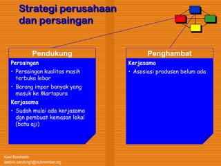 Kawi Boedisetio
telebiro.bandung0@clubmember.org
Strategi perusahaan
dan persaingan
Pendukung
Persaingan
• Persaingan kualitas masih
terbuka lebar
• Barang impor banyak yang
masuk ke Martapura
Kerjasama
• Sudah mulai ada kerjasama
dgn pembuat kemasan lokal
(batu aji)
Penghambat
Kerjasama
• Asosiasi produsen belum ada
 
