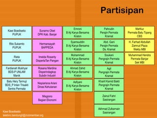 Kawi Boedisetio
telebiro.bandung0@clubmember.org
Partisipan
Sunarno Obet
DPK Kab. Banjar
Batu Hery Tarmuji
BDS_P Intan Trisakti
Sentra Permata
Muhammad Hendra
Permata Banjar
Sek MBI
Asfiyani
B Aji Karya Bersama
Kraton
Syamsuddin
B Aji Karya Bersama
Kraton
Emroni
B Aji Karya Bersama
Kraton
H. Farhad Abdullah
Zamrud Plaza
Wektu MBI
Mahfuz
Permata Batu Tipang
CBS
Rieta
PUPUK
Imelda Rosanty
DispertaTan Pangan
Kawi Boedisetio
PUPUK
Rito Sukamto
PUPUK
Hermansayah
BAPPEDA
Rosana Mardina
Disperindagkop
Subdin Industri
Ahmad Zahid
B Aji Karya Bersama
Kraton
Nispiarisna Ariani
Dinas Kehutanan
Muhammad
B Aji Karya Bersama
Kraton
Misgiono
Bagian Ekonomi
Soukani
Pengrajin Permata
Kramat
Abd. Gani
Perajin Permata
Ds. Kramat
Agil
Pengrajin Permata
Kramat
Khairil Kamid Bakti
Pengrajin Permata
Kramat
Pahrudin
Perajin Permata
Kramat
Zainul Fahri
Sasirangan
Akhmad Zulkarnain
Sasirangan
Fardianah Mukhyar
BDS-P UNLAM
Manik
 