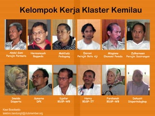 Kawi Boedisetio
telebiro.bandung0@clubmember.org
Kelompok Kerja Klaster Kemilau
Abdul Gani
Perajin Permata
Hermansyah
Bappeda
Mahfudz
Pedagang
Emroni
Perajin Batu Aji
Misgiono
Ekonomi Pemda
Zulkarnaen
Perajin Sasirangan
Imelda
Disperta
Sunarno
DPK
Djafar
BDSP-WB
Harry
BDSP-IT
Fardianah
BDSP-WB
Dahyati
Disperindagkop
 