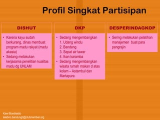 Kawi Boedisetio
telebiro.bandung0@clubmember.org
Profil Singkat Partisipan
DISHUT
• Karena kayu sudah
berkurang, dinas membuat
program madu rakyat (madu
akasia)
• Sedang melakukan
kerjasama penelitian kualitas
madu dg UNLAM
DKP
• Sedang mengembangkan
1. Udang windu
2. Bandeng
3. Sepat air tawar
4. Ikan karamba
• Sedang mengembangkan
wisata rumah makan d atas
kolam – Astambul dan
Martapura
DESPERINDAGKOP
• Sering melakukan pelatihan
manajemen buat para
pengrajin
 