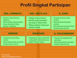 Kawi Boedisetio
telebiro.bandung0@clubmember.org
Profil Singkat Partisipan
KEL. PERMATA
• Terletak di Desa Keramat –
Martapura
• Tidak memiliki outlet pemasaran
khusus (art-shop) di Desa
Keramat - Martapura
KEL. BATU AJI
• Terletak di Desa Keraton
• Memiliki outlet pemasaran
(art-shop) di sekitar lokasi
• Setiap pengrajin mempunyai
keahlian spesifik
A. GANI
• Pengrajin permata di Desa
Keramat
• Membuat sendiri alat gosok
permata
• Ketua kelompok permata di Desa
Keramat secara informal
MAHFUDZ
• Pedagang permata di pasar CBS
(Cahaya Bumi Selamat) tokonya
adalah “Permata Tipang”
EMRONI
• Pengrajin batu aji di Desa
Keraton
• Ketua kelompok batu aji di Desa
Keraton secara informal
A. ZULKARNAEN
• Pengrajin dan pedagang kain
sasirangan
• Kelompok pengrajin sasirangan
terletak di Desa Gambut
 