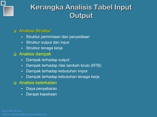 Kawi Boedisetio
telebiro.bandung0@clubmember.org
Kerangka Analisis Tabel Input
Output
 Analisis Struktur
 Struktur permintaan dan penyediaan
 Struktur output dan input
 Struktur tenaga kerja
 Analisis dampak
 Dampak terhadap output
 Dampak terhadap nilai tambah bruto (NTB)
 Dampak terhadap kebutuhan impor
 Dampak terhadap kebutuhan tenaga kerja
 Analisis keterkaitan
 Daya penyebaran
 Derajat kepekaan
 