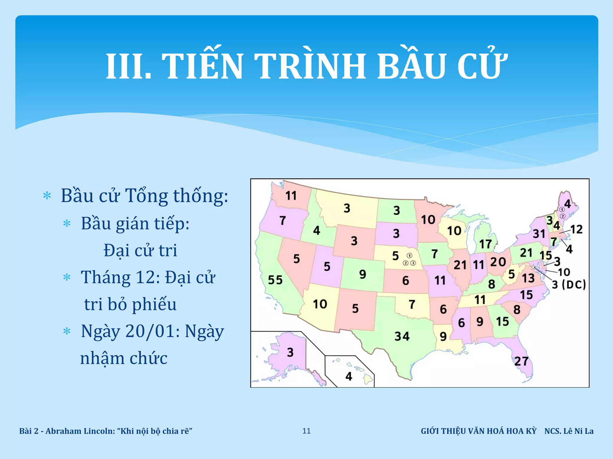  Bầu cử Tổng thống:
 Bầu gián tiếp:
Đại cử tri
 Tháng 12: Đại cử
tri bỏ phiếu
 Ngày 20/01: Ngày
nhậm chức
GIỚI THIỆU VĂN HOÁ HOA KỲ NCS. Lê Ni LaBài 2 - Abraham Lincoln: “Khi nội bộ chia rẽ” 11
III. TIẾN TRÌNH BẦU CỬ
 