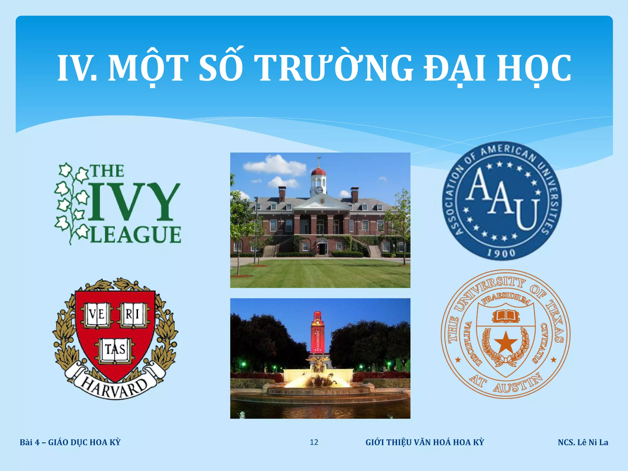 GIỚI THIỆU VĂN HOÁ HOA KỲ NCS. Lê Ni LaBài 4 – GIÁO DỤC HOA KỲ 12
IV. MỘT SỐ TRƯỜNG ĐẠI HỌC
 