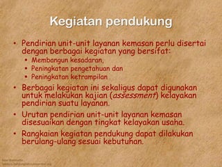 Kawi Boedisetio
telebiro.bandung0@clubmember.org
Kegiatan pendukung
• Pendirian unit-unit layanan kemasan perlu disertai
dengan berbagai kegiatan yang bersifat:
 Membangun kesadaran,
 Peningkatan pengetahuan dan
 Peningkatan ketrampilan
• Berbagai kegiatan ini sekaligus dapat digunakan
untuk melakukan kajian (assessment) kelayakan
pendirian suatu layanan.
• Urutan pendirian unit-unit layanan kemasan
disesuaikan dengan tingkat kelayakan usaha.
• Rangkaian kegiatan pendukung dapat dilakukan
berulang-ulang sesuai kebutuhan.
 