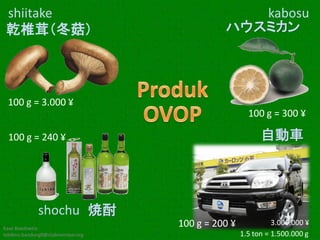 shiitake                                       kabosu
 乾椎茸（冬菇）                                     ハウスミカン




 100 g = 3.000 ¥
                                                     100 g = 300 ¥

 100 g = 240 ¥                                           自動車




             shochu 焼酎
Kawi Boedisetio
                                   100 g = 200 ¥             3.000.000 ¥
telebiro.bandung0@clubmember.org                   1.5 ton = 1.500.000 g
 