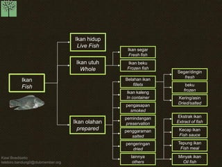 Kawi Boedisetio 
telebiro.bandung0@clubmember.org 
Ikan Fish 
Ikan hidup Live Fish 
Ikan utuh Whole 
Ikan olahan prepared 
Ikan segar Fresh fish 
Ikan beku 
Frozen fish 
Belahan ikan 
fillets 
Ikan kaleng In container 
pengasapan smoked 
pemindangan preservation 
penggaraman salted 
pengeringan dried 
lainnya others 
Segar/dingin fresh 
beku frozen 
Kering/asin 
Dried/salted 
Ekstrak ikan Extract of fish 
Kecap ikan Fish sauce 
Tepung ikan Fish meal 
Minyak ikan Oil fish  