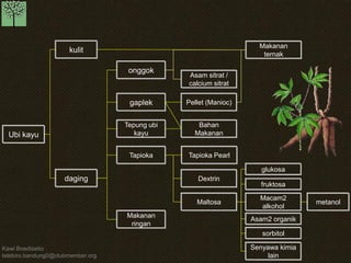 Kawi Boedisetio 
telebiro.bandung0@clubmember.org 
Ubi kayu 
kulit 
daging 
onggok 
Makanan 
ternak 
Asam sitrat / 
calcium sitrat 
Tapioka Pearl 
Dextrin 
Maltosa 
Pellet (Manioc) 
Bahan 
Makanan 
gaplek 
Tepung ubi 
kayu 
Tapioka 
Makanan 
ringan 
glukosa 
fruktosa 
Macam2 
alkohol 
Asam2 organik 
sorbitol 
Senyawa kimia 
lain 
metanol 
 