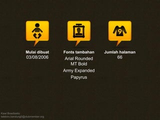 Kawi Boedisetio telebiro.bandung0@clubmember.org 
Mulai dibuat 03/08/2006 
Fonts tambahan 
Arial Rounded MT Bold 
Army Expanded 
Papyrus 
Jumlah halaman 
66  